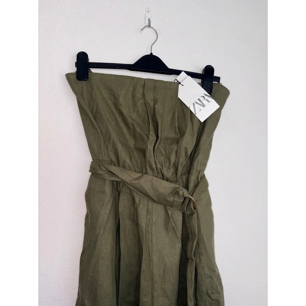 Zara Strapless bandeau Linen Blend Jumpsuit large Olive Green Belted pantsuit